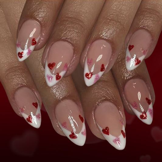 Romantic Dream Press-On Nail Set Long Almond Beige White and Pink with Heart Accents