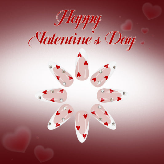 Romantic Heartfelt Long Almond Shaped Red and Pink Press On Nail Set with Glitter Accents