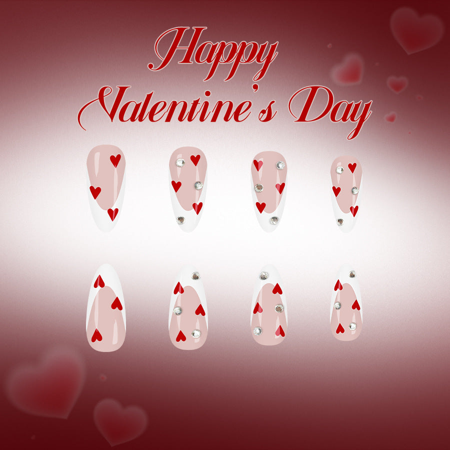 Valentine's Day Romance Long Almond Pink with Red Hearts and Sparkling Accents Press On Nail Set
