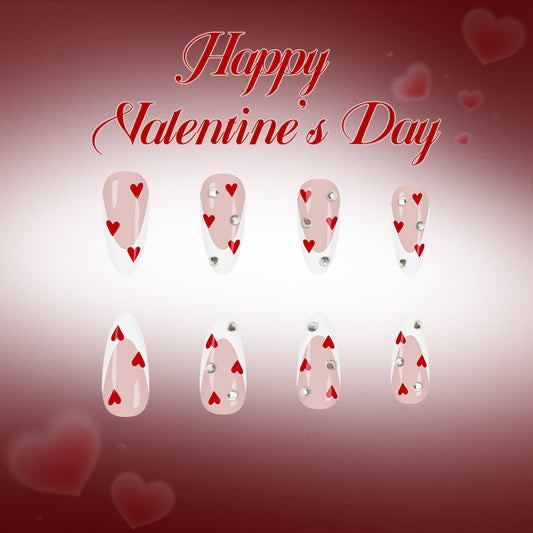Valentine's Day Romance Long Almond Pink with Red Hearts and Sparkling Accents Press On Nail Set