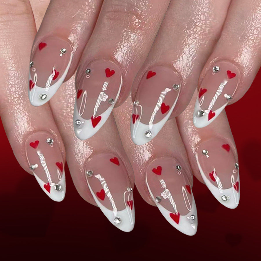 Romantic Chic Long Almond Clear with Red Hearts and Sparkling Accents Press On Nail Set