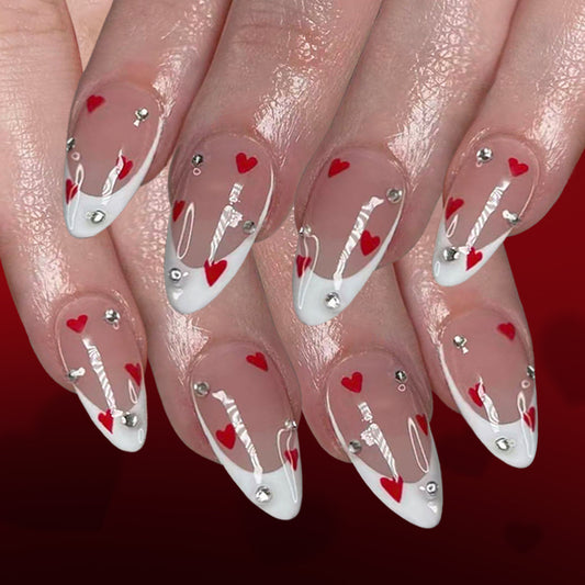 Romantic Chic Long Almond Clear with Red Hearts and Sparkling Accents Press On Nail Set