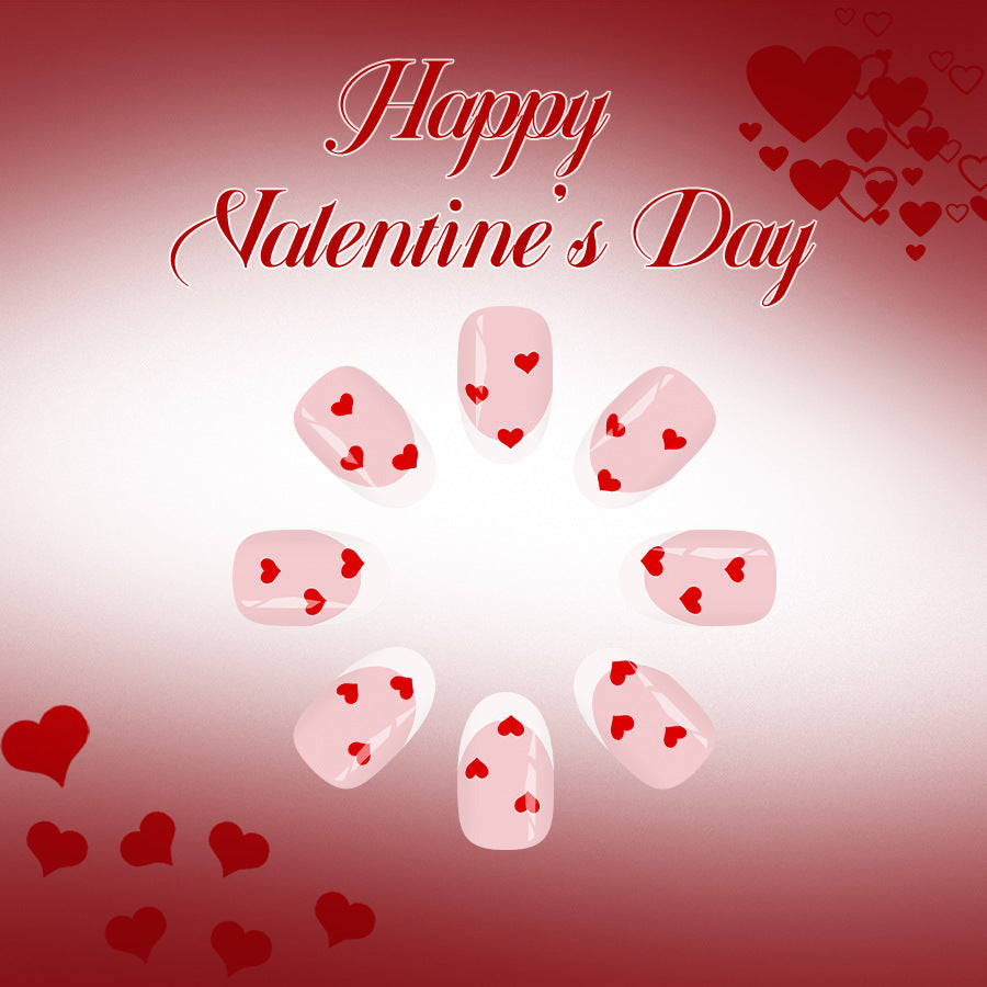Romantic Valentine Delight Short Round Shaped Soft Pink with Heart Design Press on Nail Set
