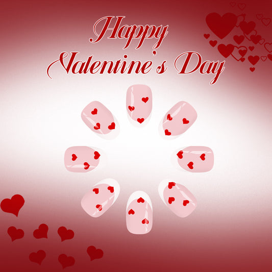 Romantic Valentine Delight Short Round Shaped Soft Pink with Heart Design Press on Nail Set