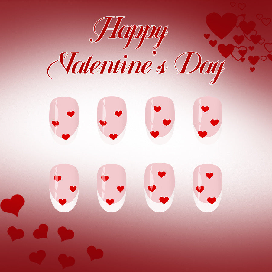 Romantic Heartfelt Short Round Blush Pink Press on Nail Set with Charming Heart Accents