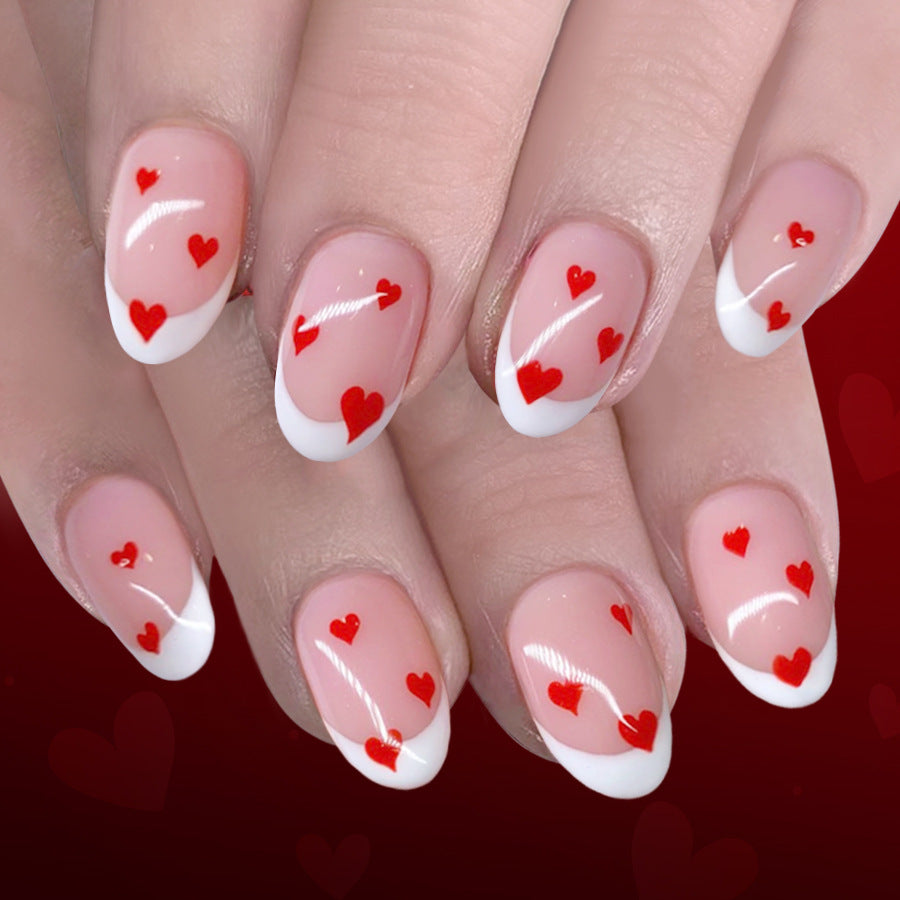 Love Inspired Short Round White and Red Heart Design Press On Nail Set