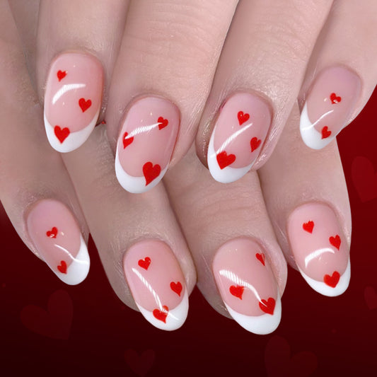 Love Inspired Short Round White and Red Heart Design Press On Nail Set