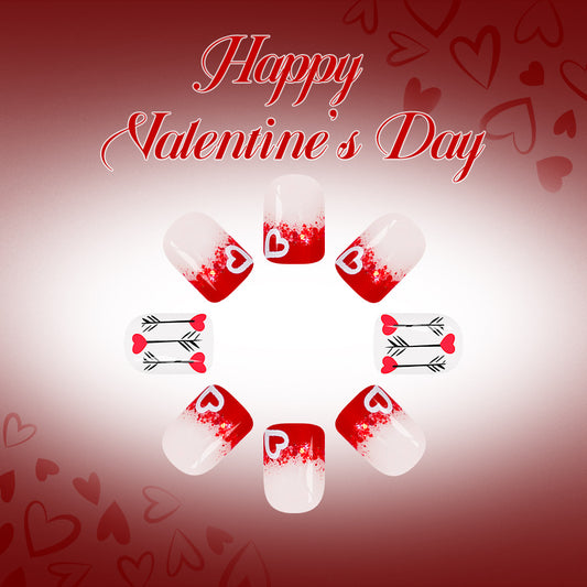 Romantic Heartfelt Art Red Ombre Short Square Nail Set with Charming Arrow Designs