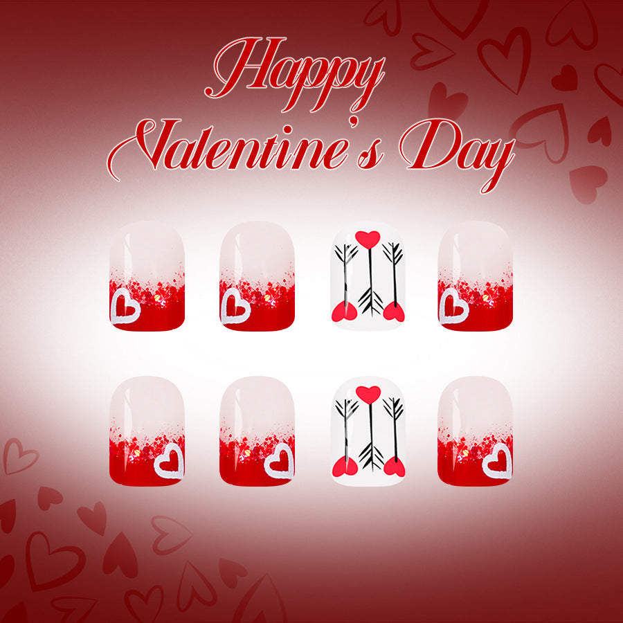 Romantic Heart Theme Short Square Red Ombre Nail Set with Charming Love Arrows Design