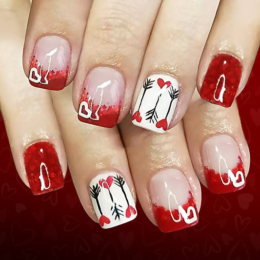 Love Inspired Heart Motif Short Square Red Ombre Press On Nail Set with Unique Arrow Designs