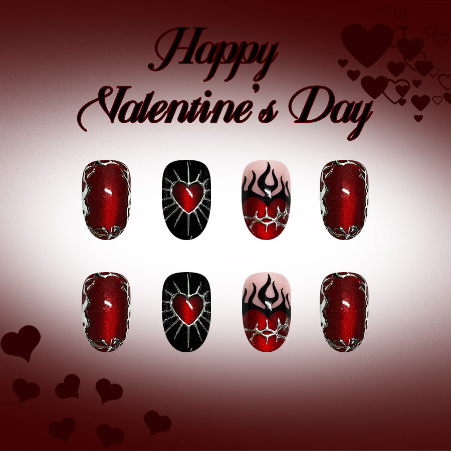 Romantic Heartbeat Short Round Burgundy with Fiery Heart Design Nail Set