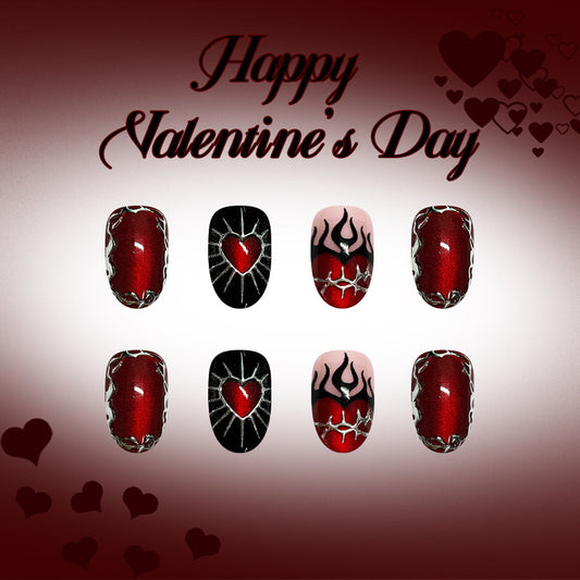 Romantic Heartbeat Short Round Burgundy with Fiery Heart Design Nail Set