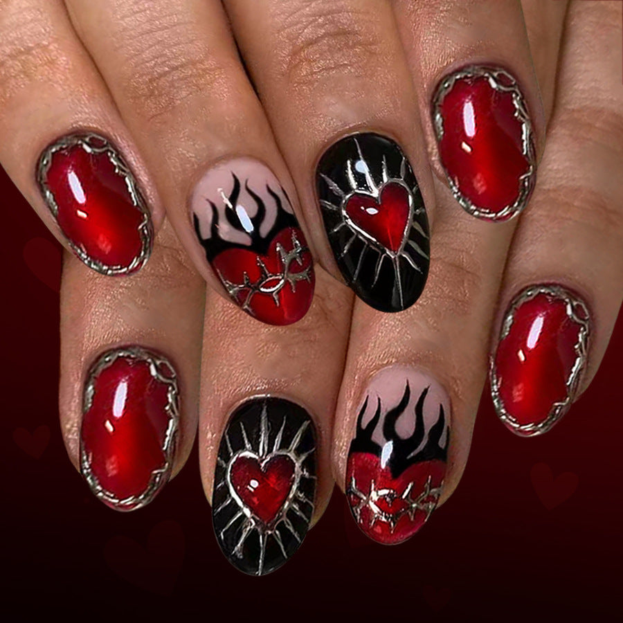 Eternal Love Gothic Short Round Red and Black Nail Set with Heart and Flame Design