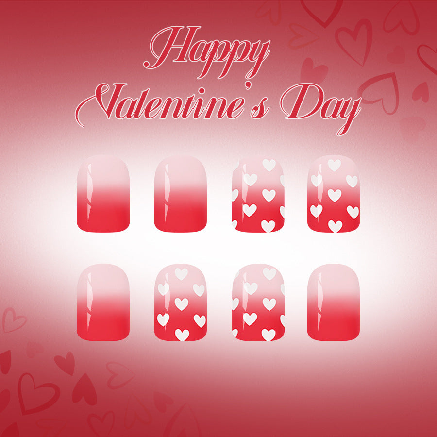 Romantic Heartfelt Short Square Red Ombre Nail Set with Cute Heart Design