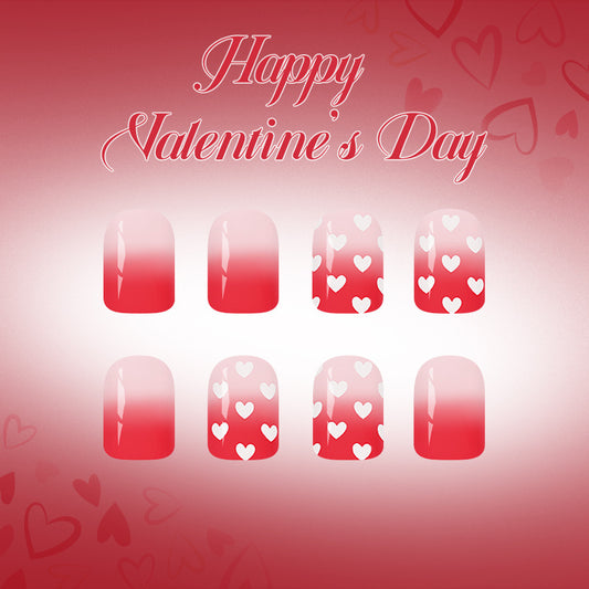 Romantic Heartfelt Short Square Red Ombre Nail Set with Cute Heart Design