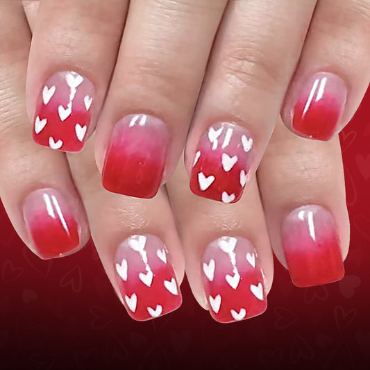 Valentine's Day Delight Short Square Red Ombre Press On Nail Set with Charming Heart Patterns