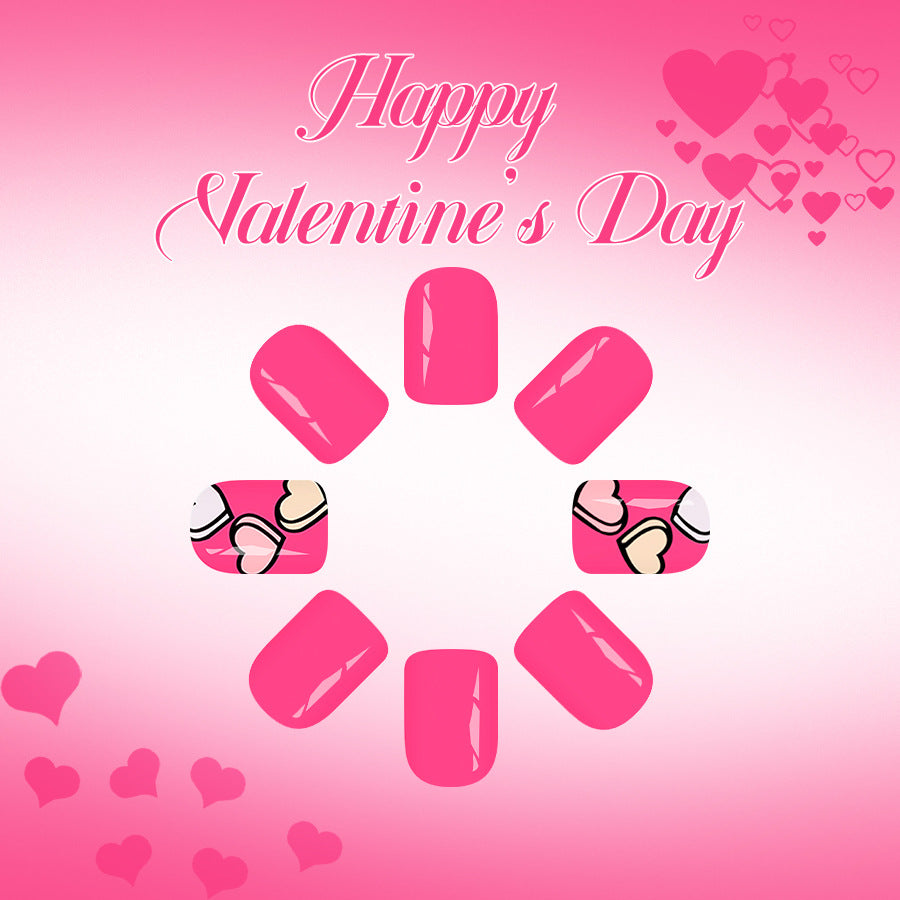 Love Inspired Heart Short Square Design Vibrant Pink Glossy Finish Press On Nail Set