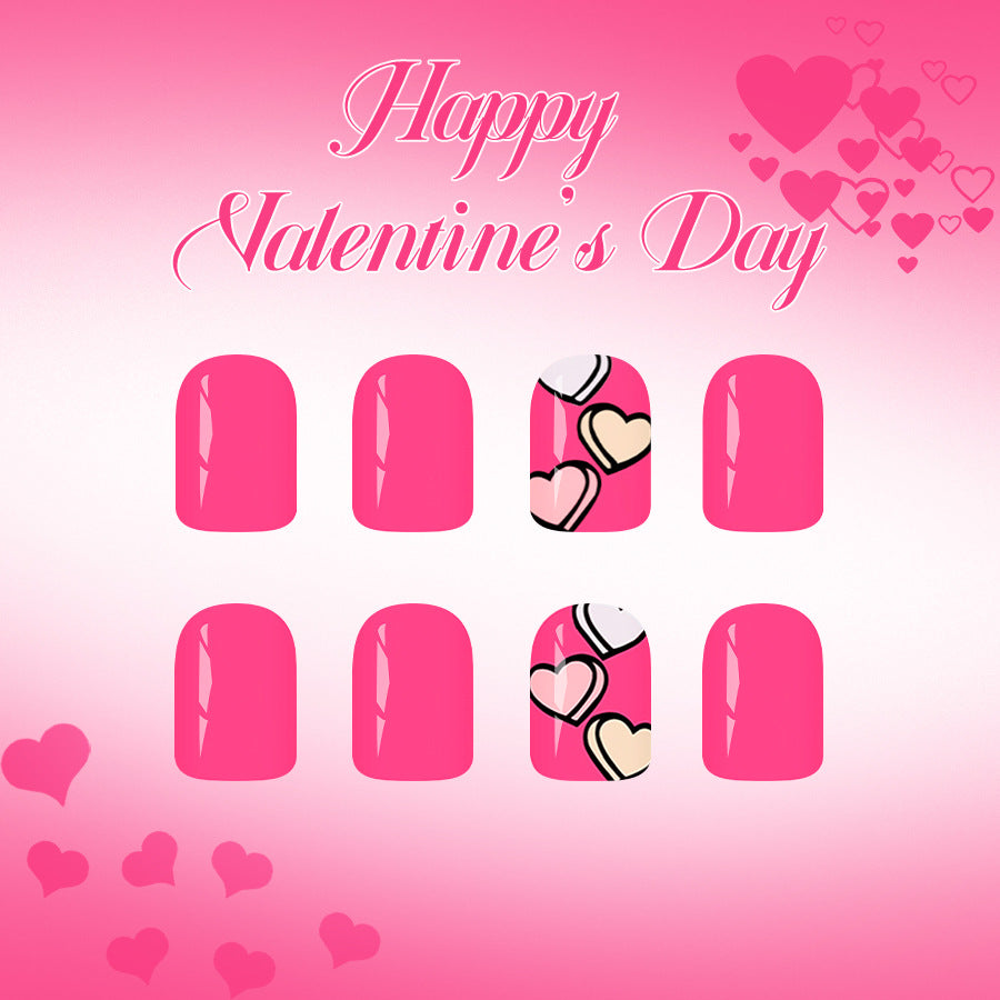 Romantic Hearts Press On Nail Set Short Square Pink with Unique Heart Design