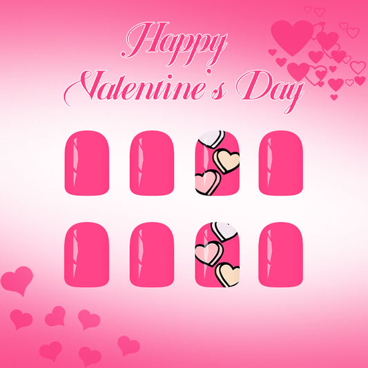 Romantic Hearts Press On Nail Set Short Square Pink with Unique Heart Design