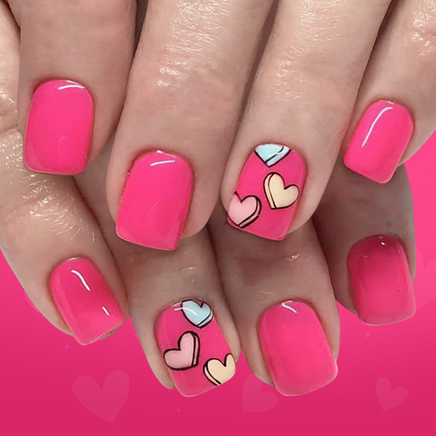Love in Bloom Short Square Pink Press On Nail Set with Charming Heart Design