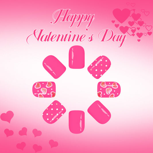 Romantic Bliss Short Square Vibrant Pink Heart Decorated Press-On Nail Set
