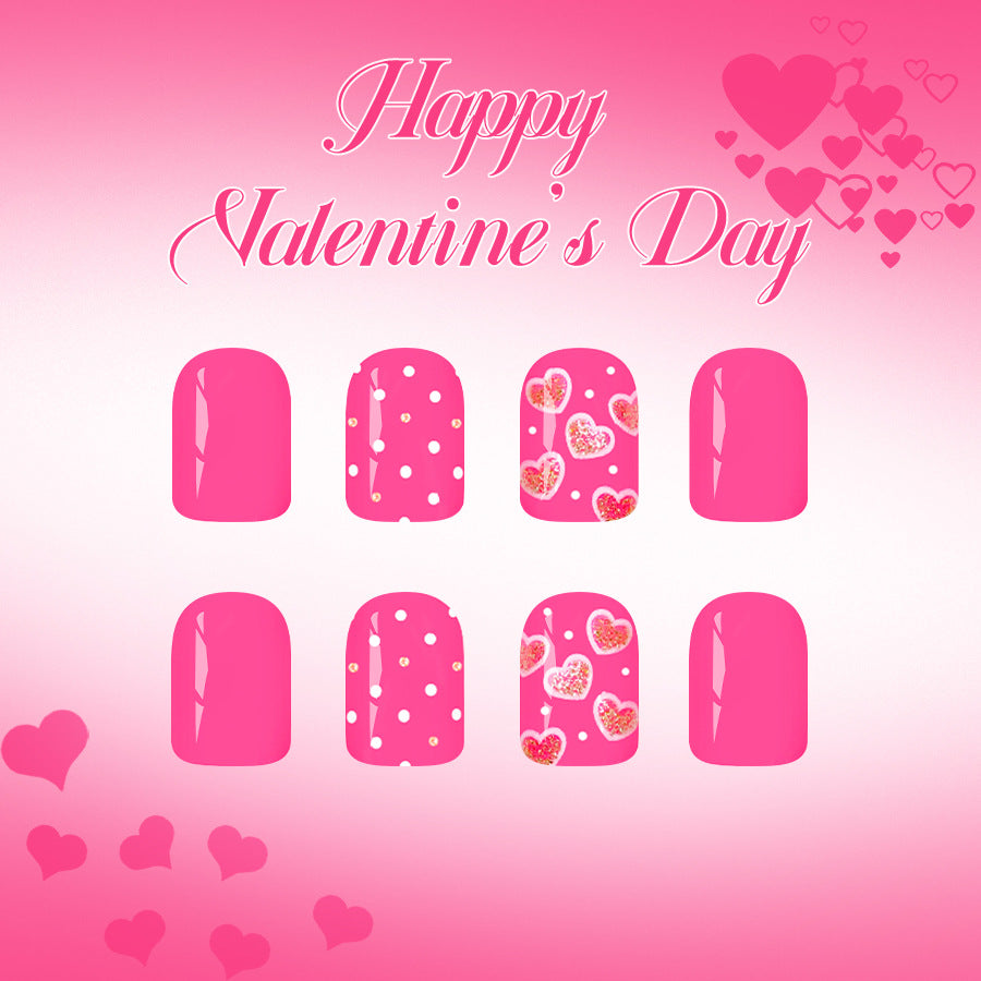 Love Inspired Short Square Pink Nail Set with Charming Heart Designs