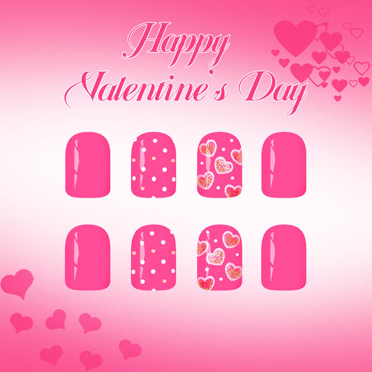 Love Inspired Short Square Pink Nail Set with Charming Heart Designs