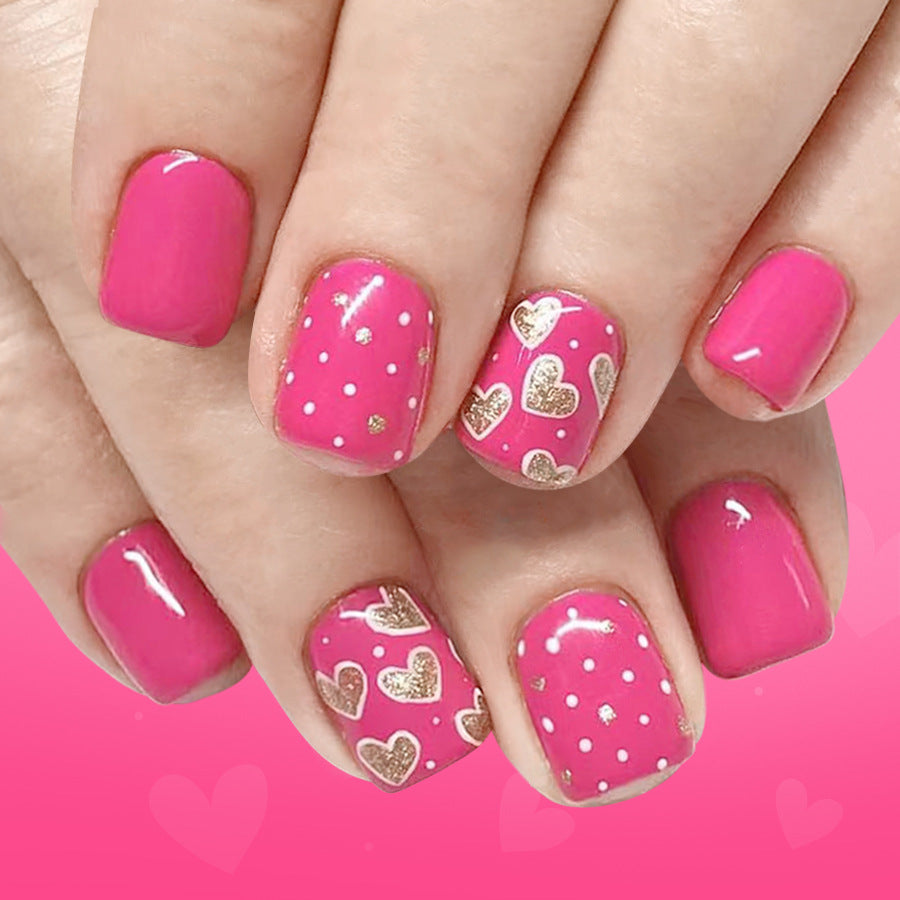 Love Inspired Press On Nail Set  Short Square Shape Bright Pink with Golden Heart Accents