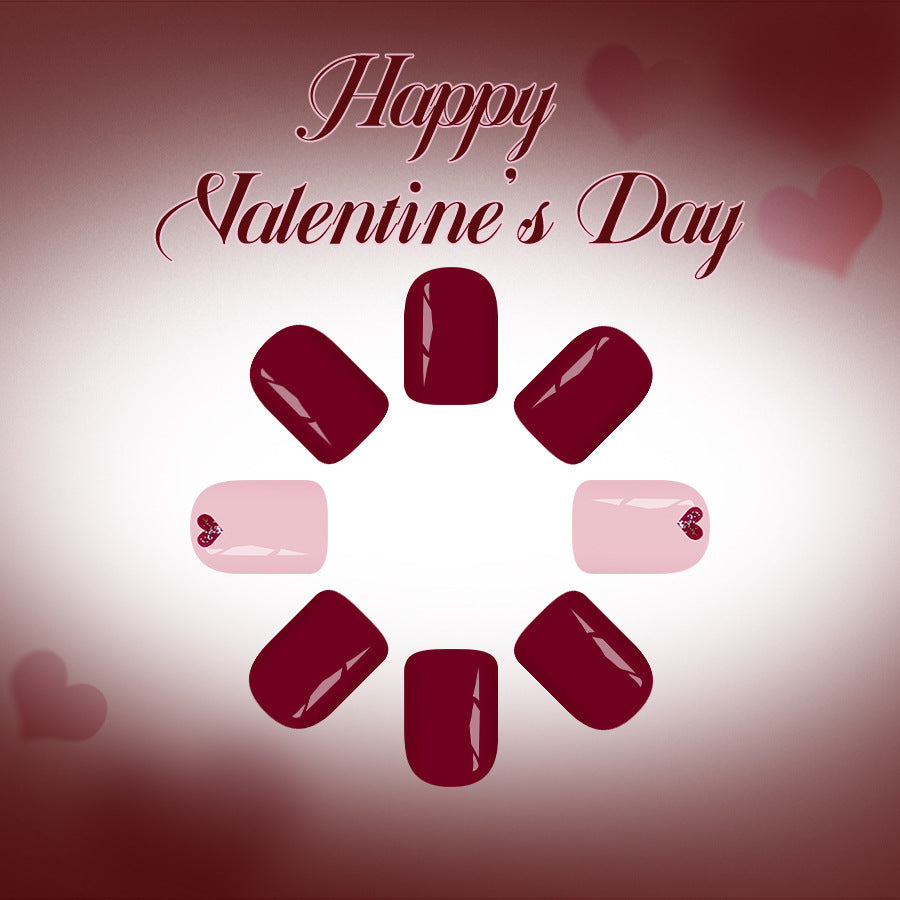 Romantic Elegance Short Square Burgundy and Light Pink Press on Nail Set with Heart Accent