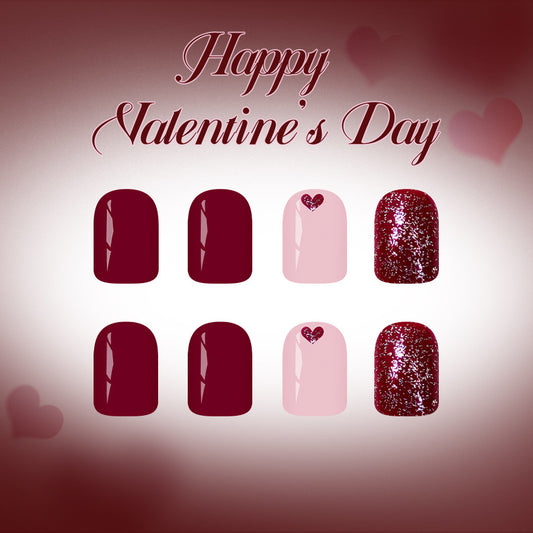 Romantic Elegance Short Square Deep Red and Soft Pink with Heart Accent Press-On Nail Set