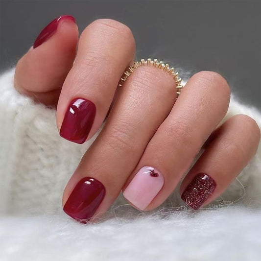 Enchanting Elegance Short Square Deep Red with Sparkling Accent Press On Nail Set