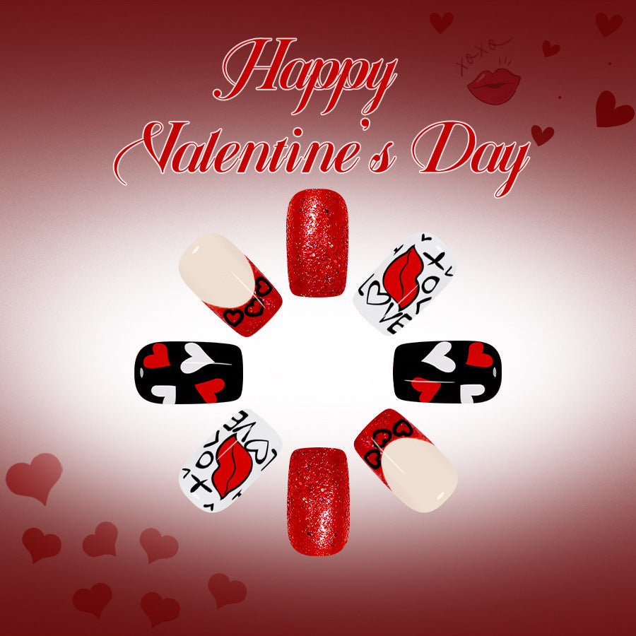 Romantic Bliss Medium Square Red Sparkle with Love-themed Designs Press on Nail Set