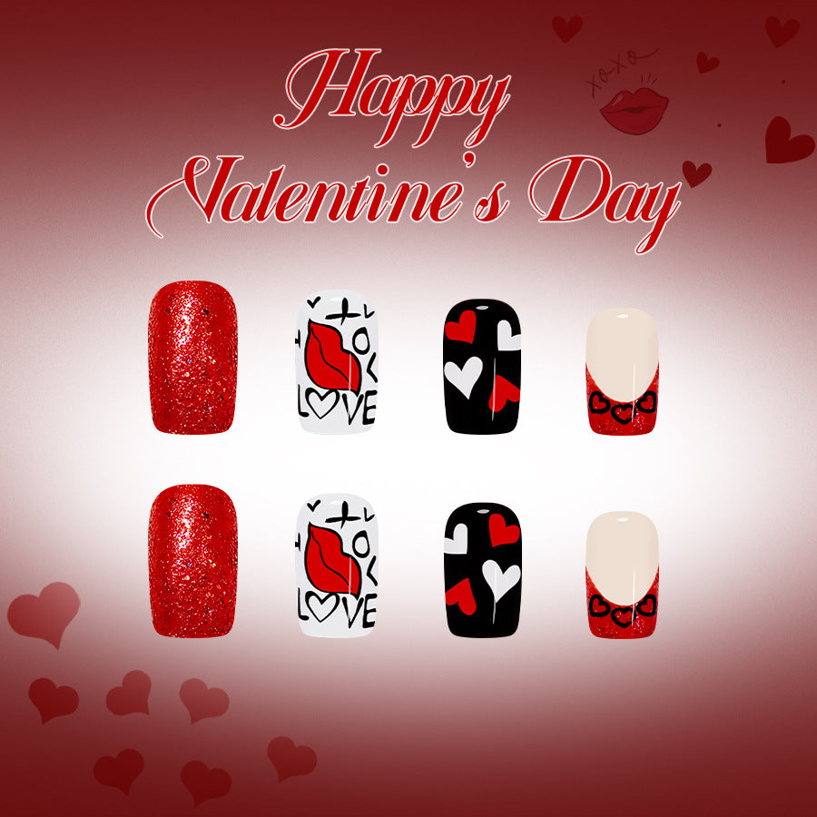 Romantic Fantasy Medium Square Red and Black Press-On Nail Set with Heart and Lip Art