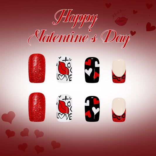 Romantic Fantasy Medium Square Red and Black Press-On Nail Set with Heart and Lip Art