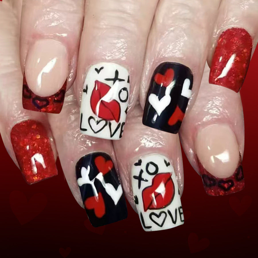 Romantic Charm Red Medium Square Glitter Ombre with Love Print Design Press-On Nail Set