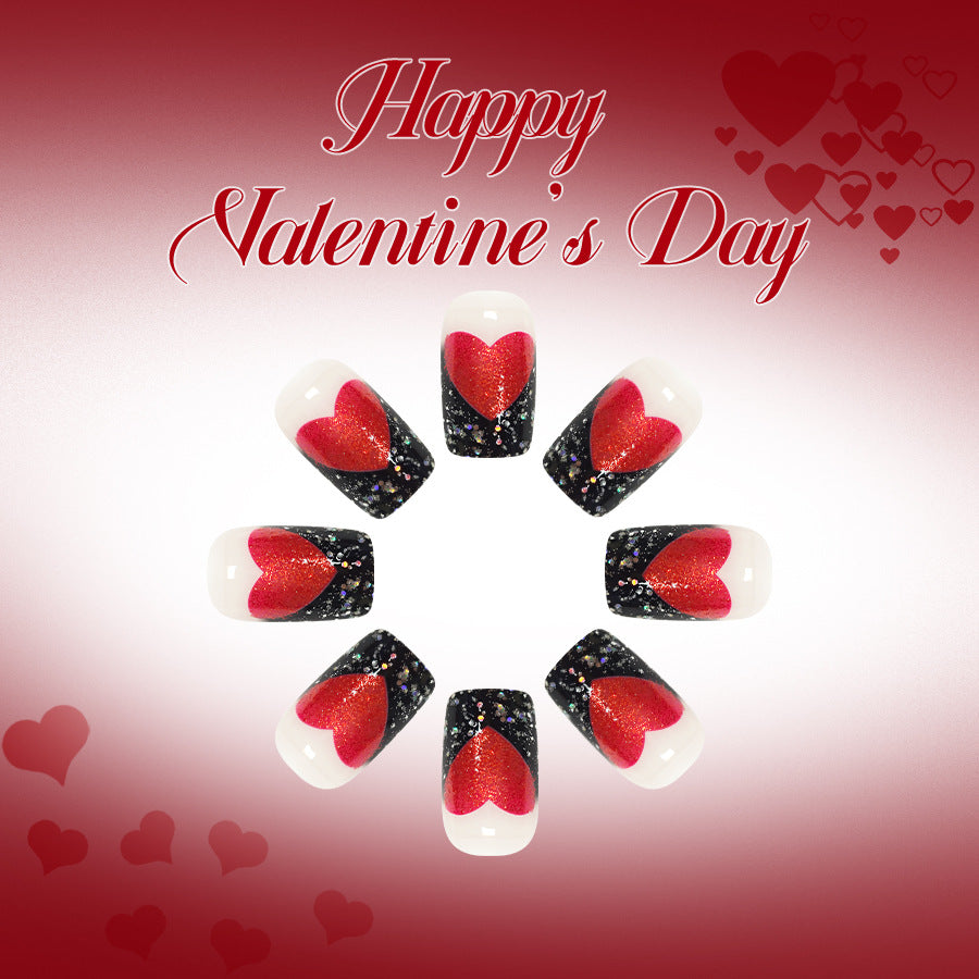 Romantic Glamour Medium Square Red and Black Glitter Heart Press On Nail Set