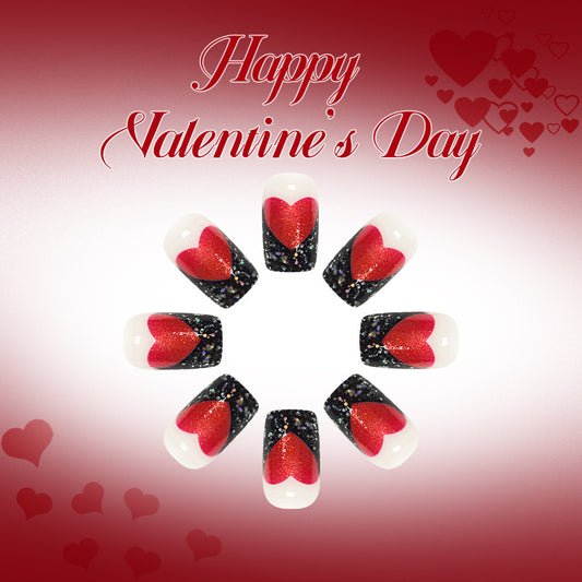 Romantic Glamour Medium Square Red and Black Glitter Heart Press On Nail Set