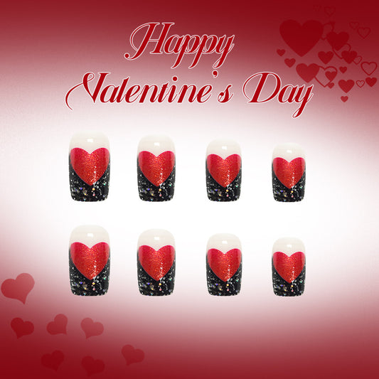 Romantic Heart Design Medium Square Red and Black Press on Nail Set with Sparkling Glitter Accent