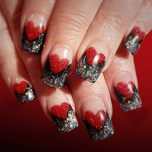 Romantic Heartfelt Medium Square Red Black Glitter Press On Nail Set
