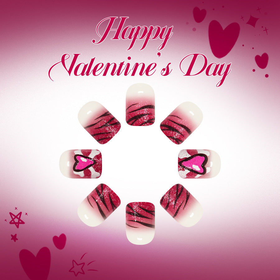 Love Inspired Short Square Shaped Pink Glitter Nails with Heart and Stripe Patterns