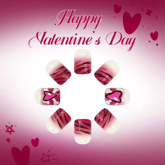 Love Inspired Short Square Shaped Pink Glitter Nails with Heart and Stripe Patterns