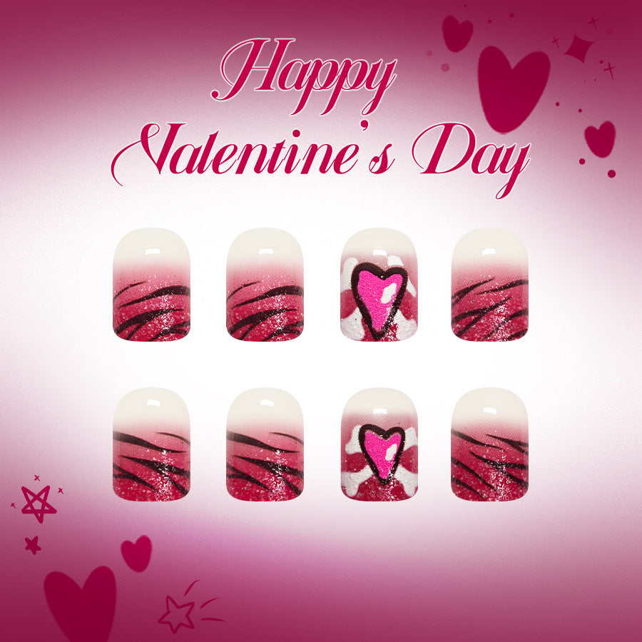 Romantic Elegance Short Square Pink with Heart Designs and Glitter Press on Nail Set