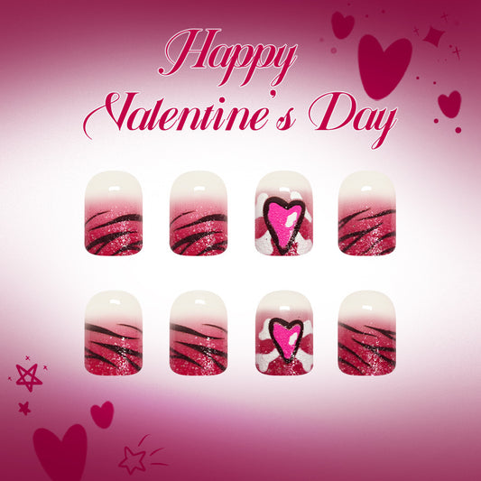 Romantic Elegance Short Square Pink with Heart Designs and Glitter Press on Nail Set