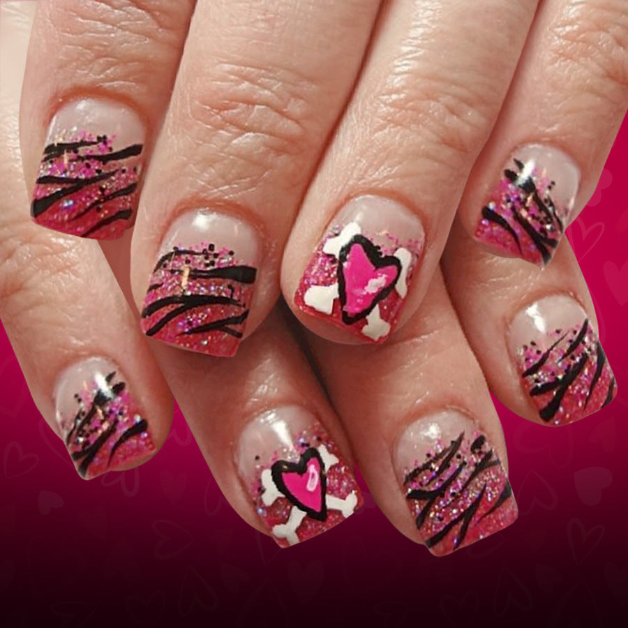 Love Struck Glamour Pink Short Square Glittery Press On Nail Set with Heart and Skull Design