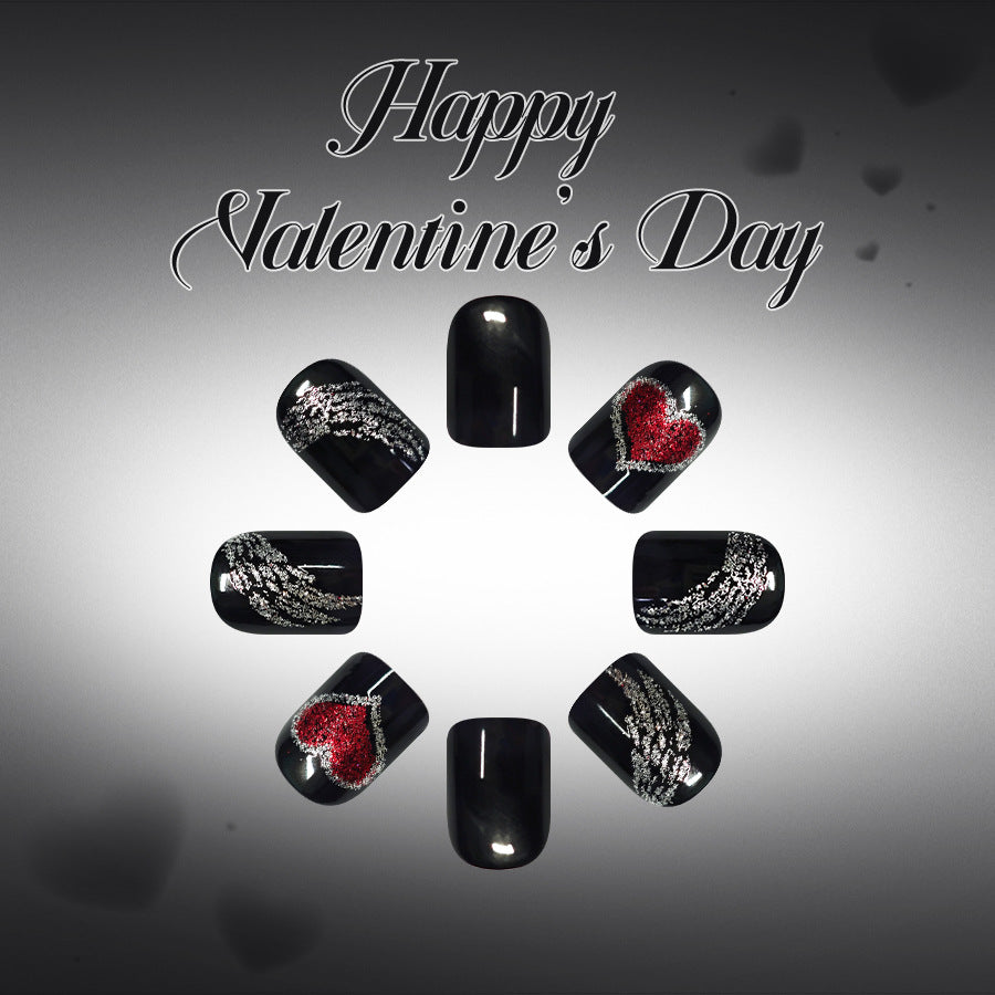 Romantic Elegance Short Square Black Nails with Shimmering Heart Design
