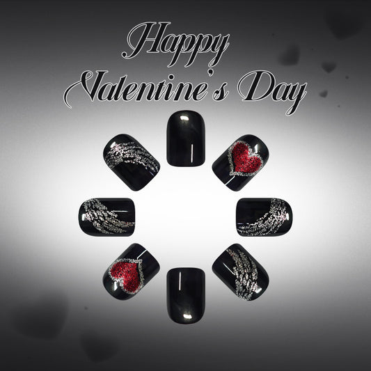 Romantic Elegance Short Square Black Nails with Shimmering Heart Design