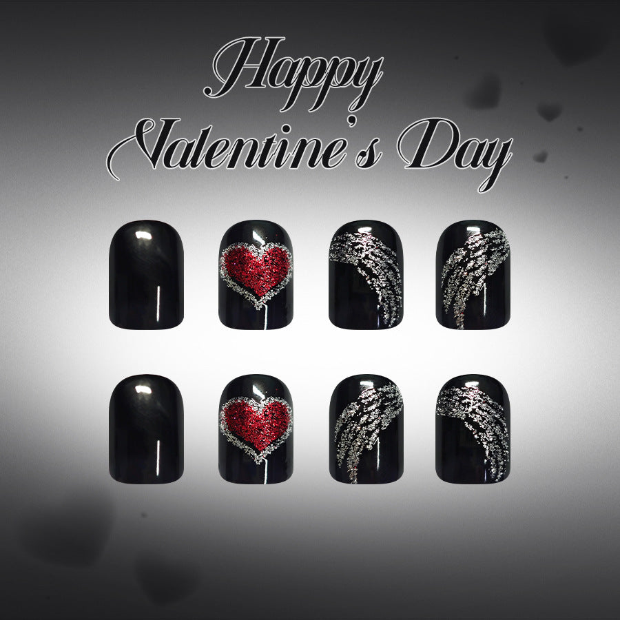 Romantic Heartfelt Acrylic Press On Nails in Short Square Black with Glittering Heart and Wing Designs