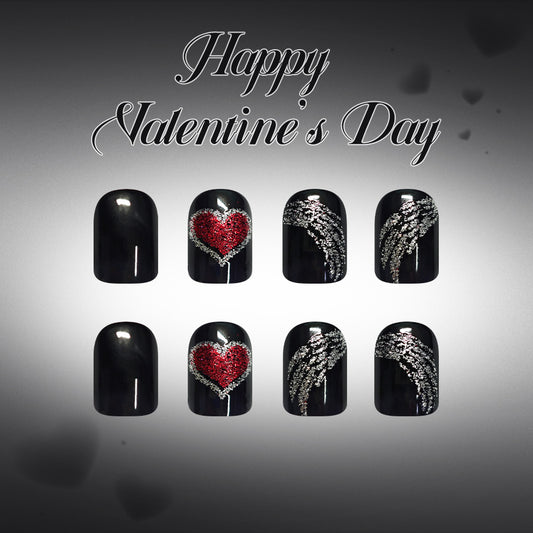 Romantic Heartfelt Acrylic Press On Nails in Short Square Black with Glittering Heart and Wing Designs