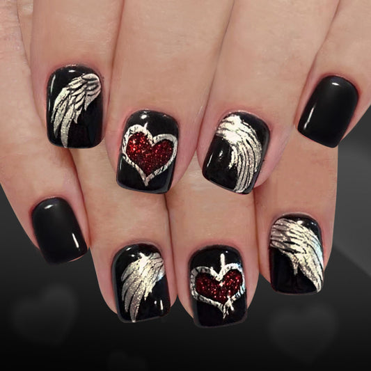 Romantic Angel Wing Short Square Black Press On Nail Set with Red Glitter Heart Design