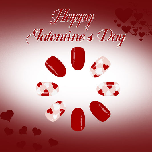 Love Inspired Elegant Short Round Red and Clear Heart Design Press On Nail Set